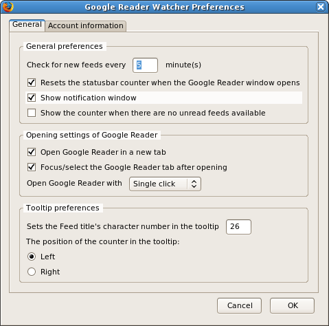 Google Reader Watcher general preferences